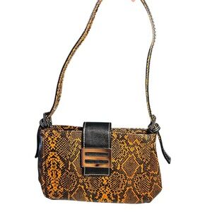 Divine Shoulder Bag Small Orange Snakeskin Print Faux Leather Baguette